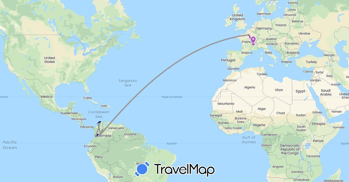 TravelMap itinerary: driving, plane, train, hiking, boat in Colombia, France (Europe, South America)